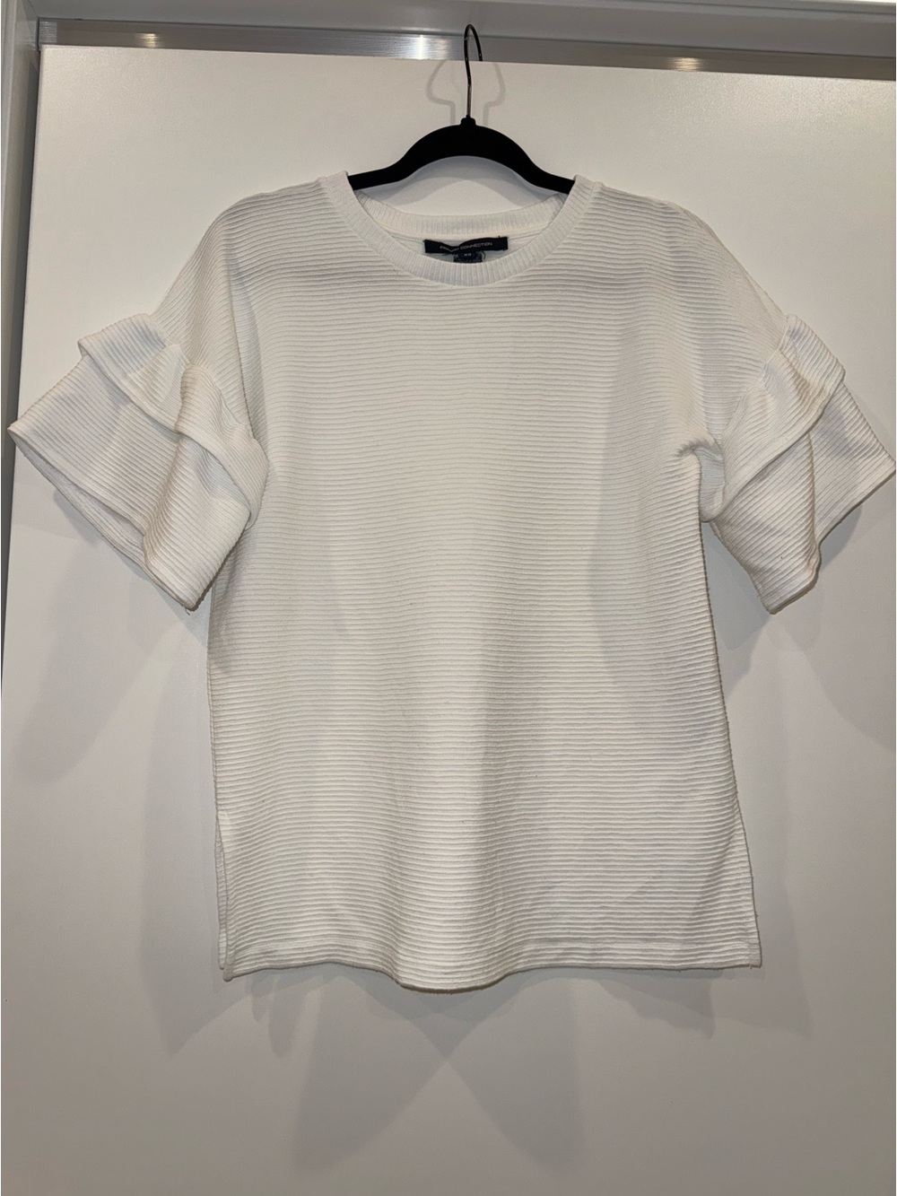 French Connection White Ribbed Short-Sleeve Ruffle Tee